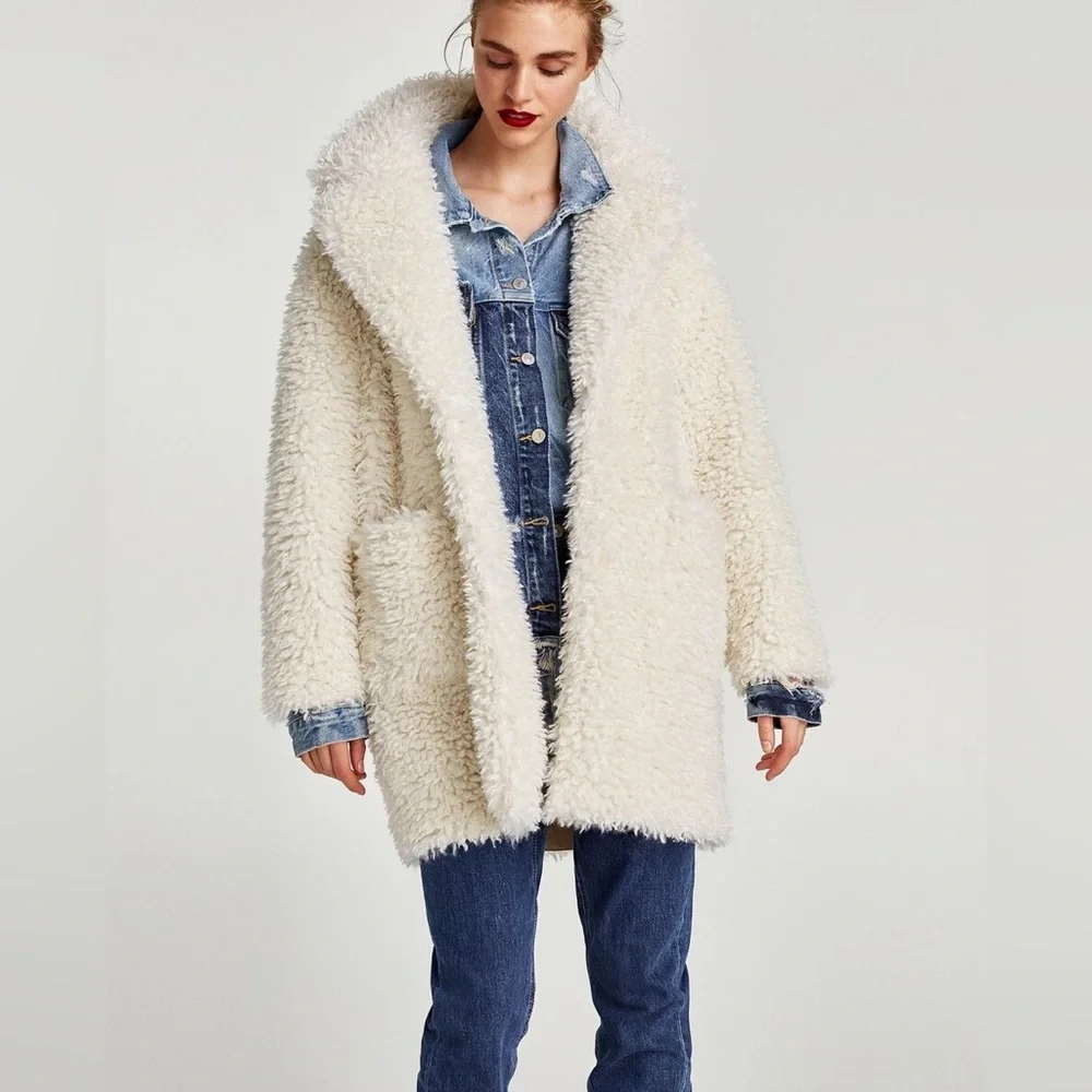 NWT Zara white textured curly knit teddy coat S - Picture 3 of 9